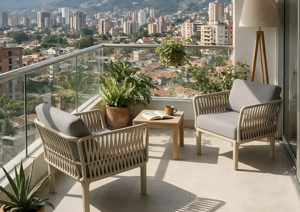 Muebles Solattu instalados en un balcón moderno con vista al mar
