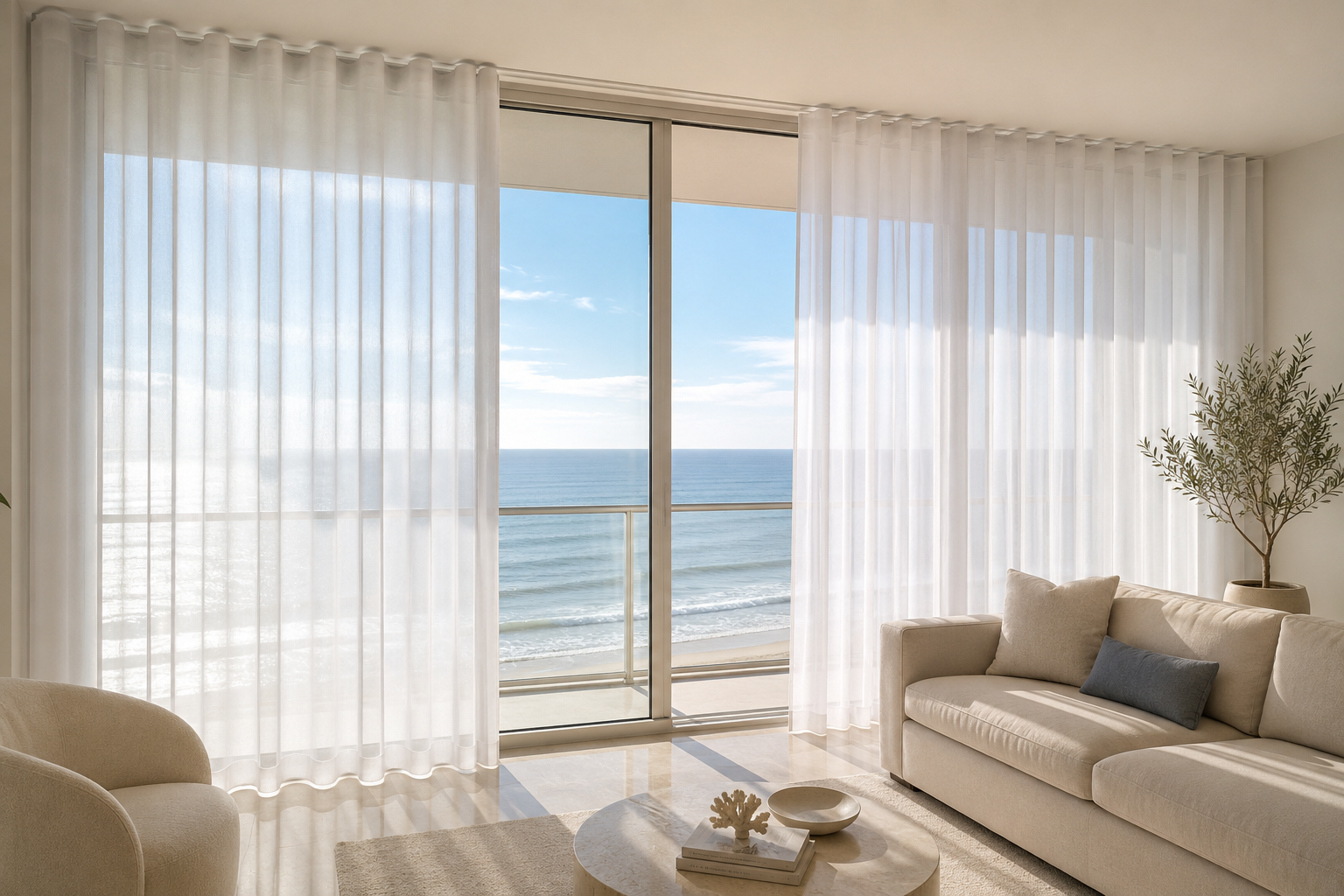 Sala moderna con cortinas enrollables elegantes iluminada por el atardecer