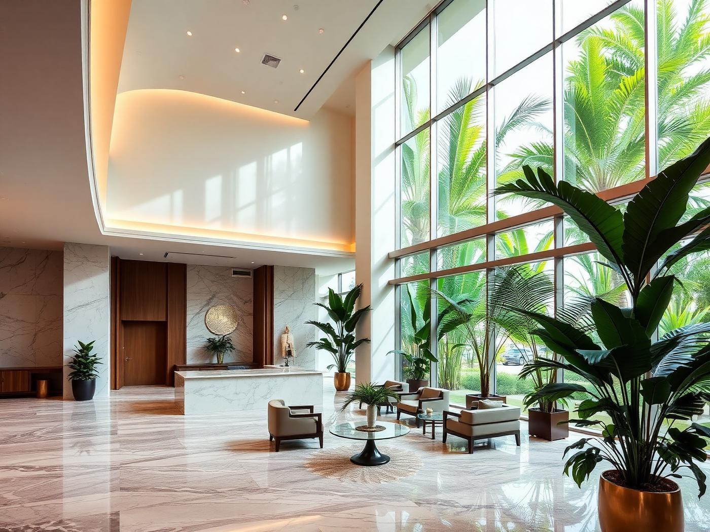 Lobby de hotel con ventanales de gran formato y luz natural filtrada
