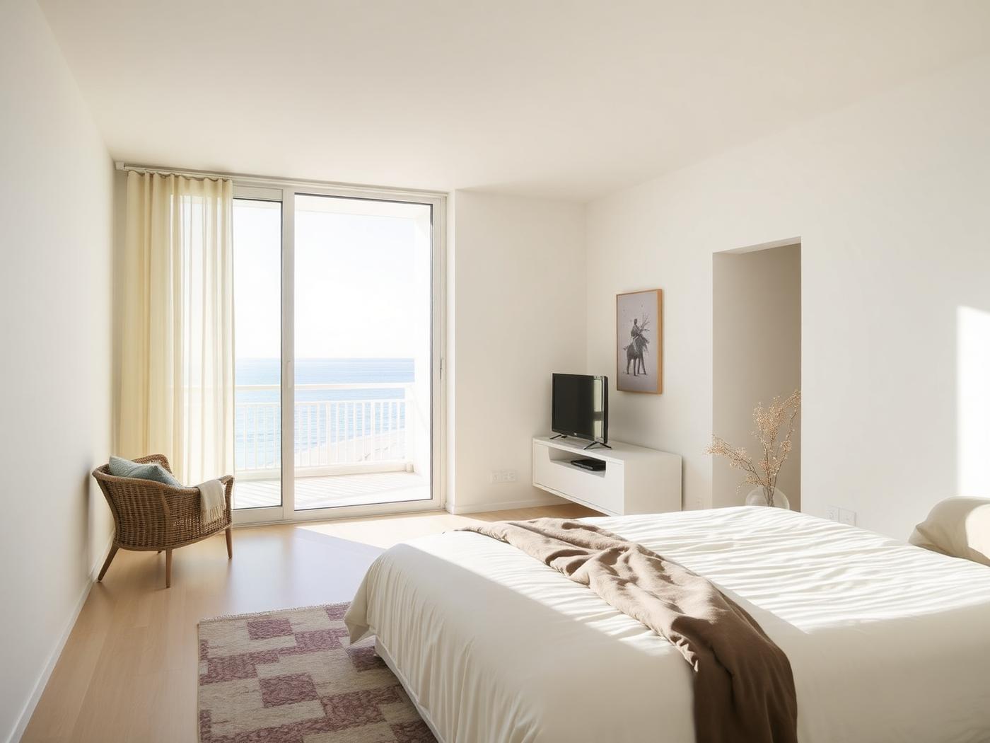 Habitación con ventanal de piso a techo y vista al mar protegida con película solar