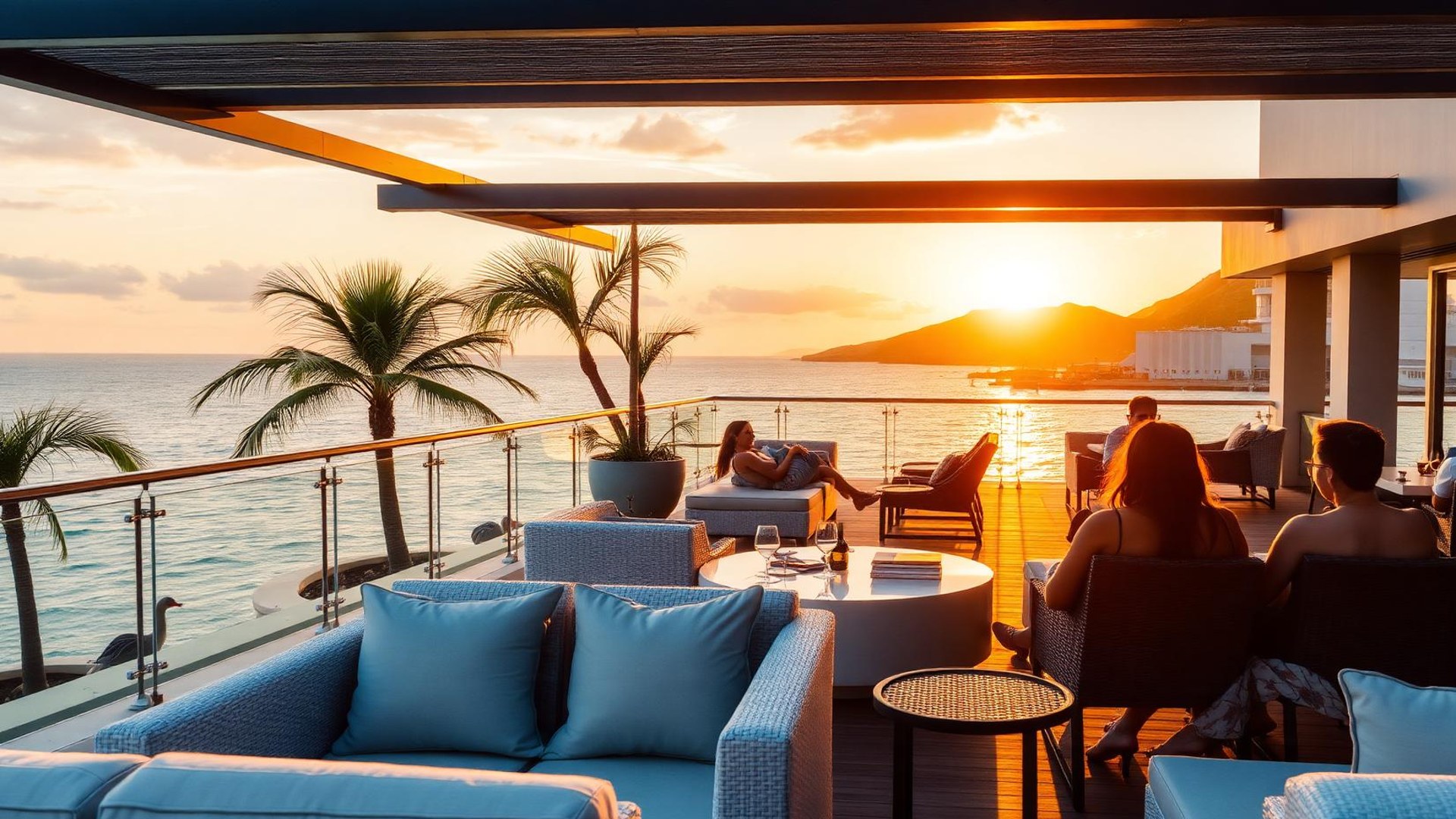Atardecer en una terraza frente al mar con muebles de exterior de diseño